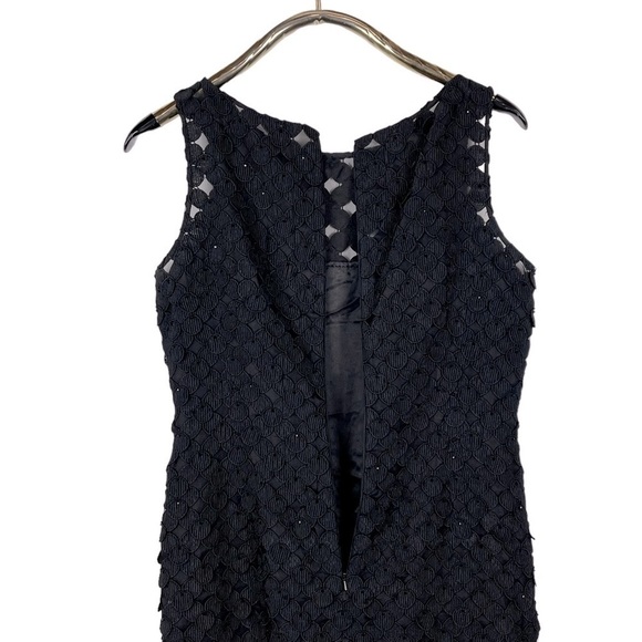 CARMEN MARC VALVO BLACK LATTICE DOT APPLIQUE CRYSTAL SLEEVELESS SHEATH DRESS - Picture 9 of 15